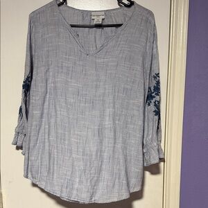Liz Claiborne Light Blue Blouse with Navy Floral Accents